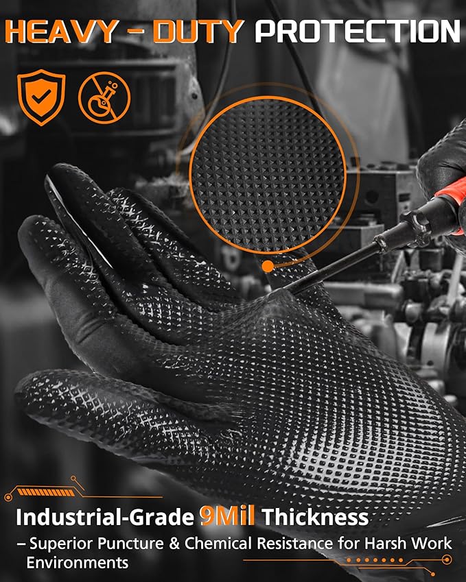 nitroshield 9mil Heavy Duty Disposable Nitrile Gloves, Black XLarge 800Pcs -Chemical Resistant, Latex Powder Free Rubber Gloves Diamond Texture for Automotive, Mechanics, Cooking,BBQ, Industrial Use
