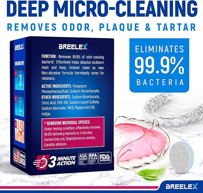 Breelex Denture Cleaning Tablets - 120 Count, Pack of 1-4-Month Supply & Denture Care - All-Purpose Retainer Cleaner Tablets - Gentle Formula for Mouth Guard Cleaner