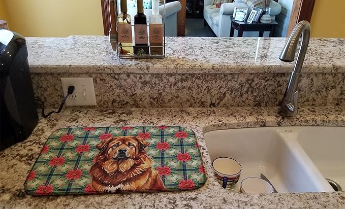 Caroline's Treasures Red Gold Tibetan Mastiff Christmas PoinsettIas Dish Drying Mat Absorbent Dish Drying Mat Pad for Kitchen Counter Dish Drainer Mat for Countertop, 14 x 21", Multicolor