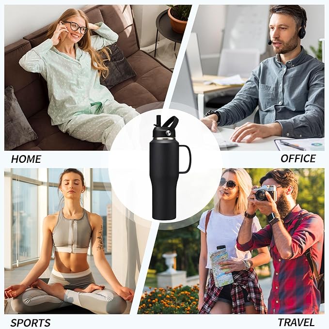 Stainless Steel Water Bottles 40oz - Insulated Water Bottle with Straw, Strap Carrier Bag & Protective Boot, Tumbler with Handle for Car, Office, Gym