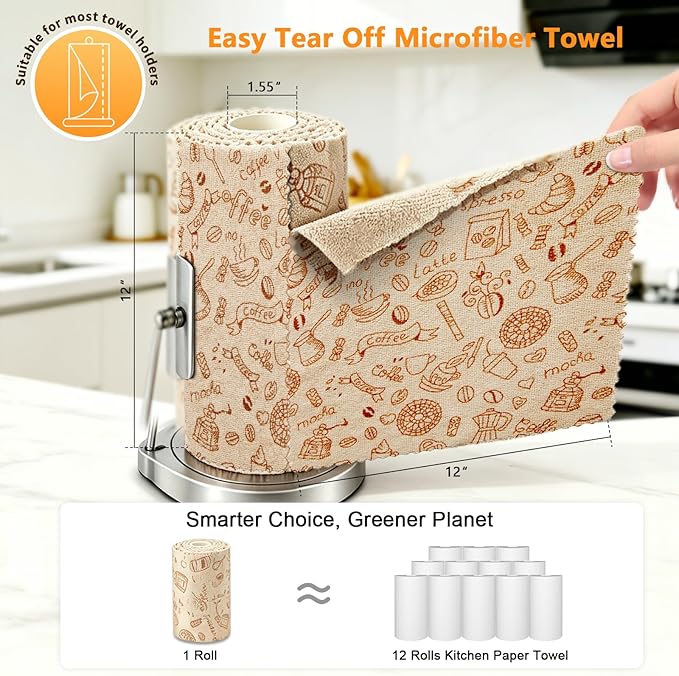Microfiber Cleaning Cloth Roll, 50-Count Reusable Durable Absorbent Lint-Free Non-Scratch Towels, Dish Rags for Kitchen & Home, Studio, Multi-Purpose, Food Pattern, 12x12 in