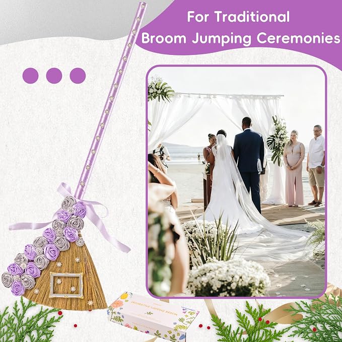 Wedding Broom for Jumping Ceremony, 40 Inch Jump the Broom Kit for African American Wedding, DIY Decoration Set with Velvet Roses, Crystals, Purple Silver