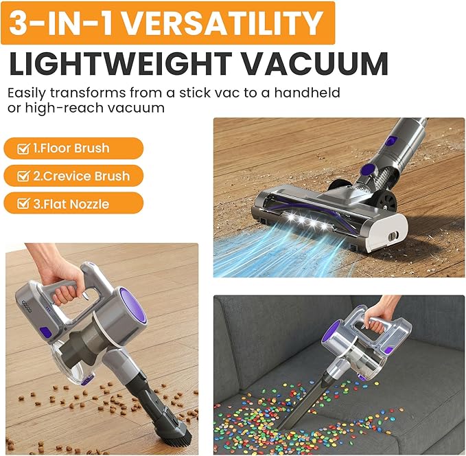 NEWBULIG Cordless Vacuum Cleaner, Removable Stick Vacuum with LED Touch Screen, Self-Standing, 35Mins Runtime, Lightweight Handheld for Pet Hair, Hard Floor, Carpet