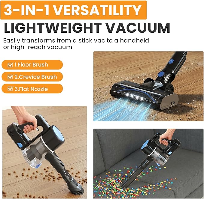 NEWBULIG Cordless Vacuum Cleaner, Removable Stick Vacuum with LED Touch Screen, Self-Standing, 35Mins Runtime, Lightweight Handheld for Pet Hair, Hard Floor, Carpet