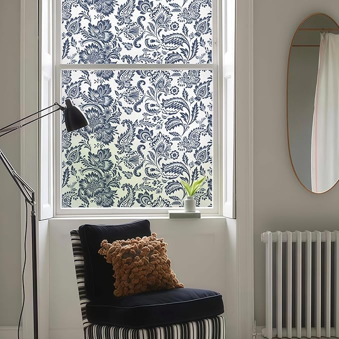 DKTIE Blue Bohemian Seamless Decorative Privacy Window Film Patterns Stain Glass Window Film for Glass, Anti-UV Anti-Glare Heat Blocking (S656, 17.7in X 78.7in)