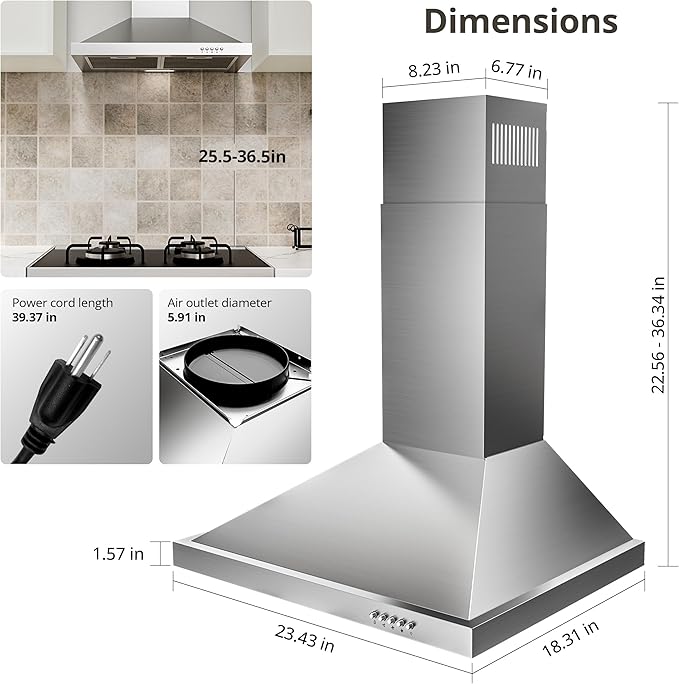 FIREGAS Range Hood 24 inch Wall Mount Type with Ducted/Ductless Convertible, 450 CFM Stainless Steel Chimney-Style Kitchen Hood, Over Stove Vent Hood with 3 Speed Fan, Charcoal Filters