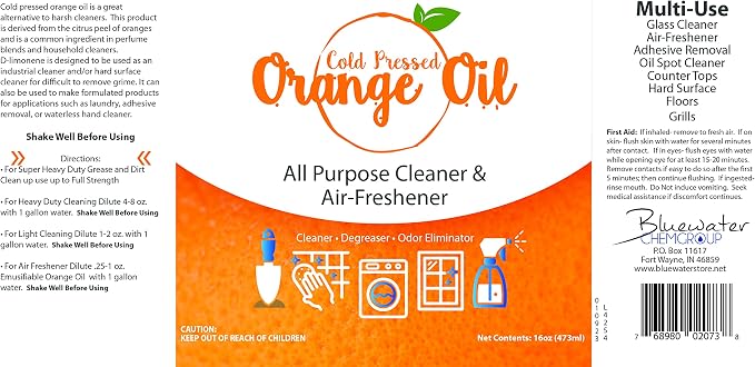 Bluewater Chemgroup Premium Cold Pressed Orange Oil Concentrate- 16 oz (with D-Limonene), Concentrated Cold Pressed Orange Oil Cleaner - All-Purpose Citrus Cleaner and Degreaser Blend