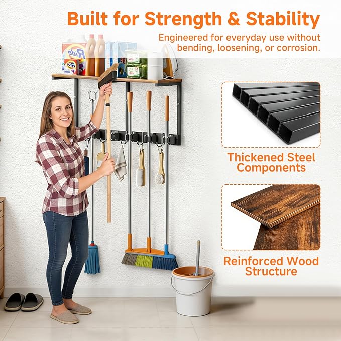 3 in 1Broom Holder Wall Mount,Laundry Room Organization and Storage Shelves with 5 Mop Hanger Rack Gripper Hooks,Utility Shelf Closet Organizer for Garage, Garden,Kitchen,Closet