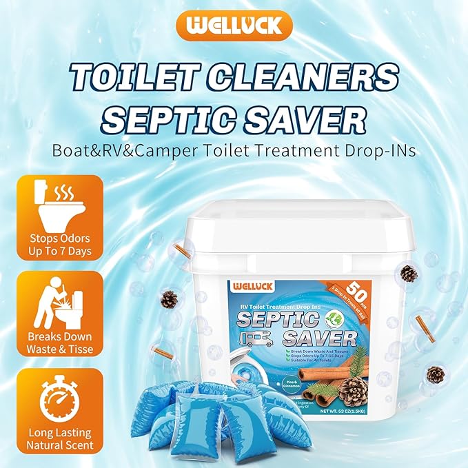 WELLUCK RV Toilet Treatment Drop-Ins, 50 Pack - 50 Week Supply Black Tank Deodorizer | Breaks Down Waste & Tissue | Septic Safe Treatment for RV, Camper, Marine Toilet | Pine & Cinnamon Scents