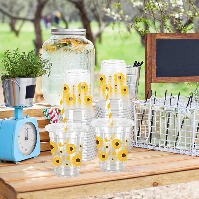 FYSUIMU 50Pcs 12Oz Sunflower Plastic Cup with Lid & Straw Yellow Floral Butterfly Clear Disposable Drinking Cup for Spring Summer Party Supplies