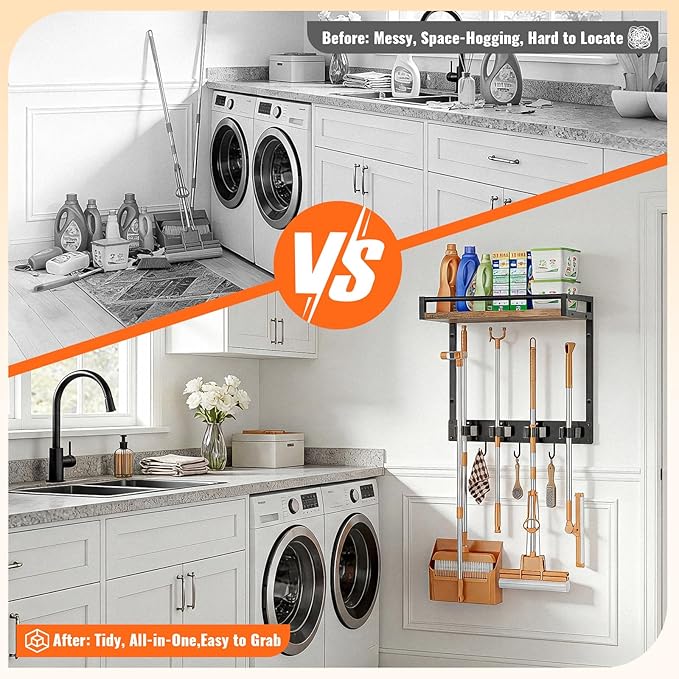 Broom Holder Wall Mount with Shelf Load 66LBS Broom and Mop Organizer Wall Hanging Broom Hanger with 4 Mop Hanger Grippers, 3 Hooks for Laundry Room, Garage, Utility Closet, Kitchen, 1 Pack