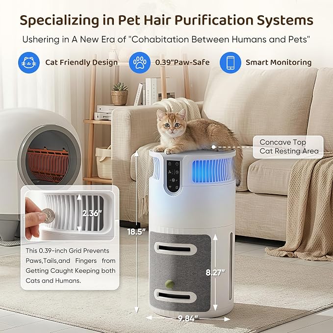 Greesum Pet Air Purifier for Cats, 320m³/h CADR Smart Air Cleaner with Cat Scratcher & Catnip Ball, 4-Color PM2.5 Indicator, App Control, Child Lock, Washable Body, Odor & Pet Hair Removal for Home