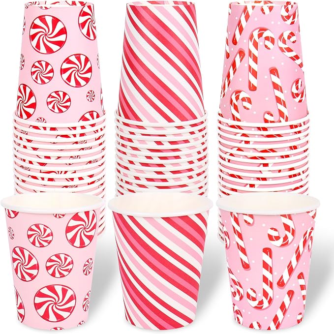 JarThenaAMCS 100Pcs Christmas Paper Cups 9Oz Red White Xmas Candy Cane Stripe Disposable Drink Cups for Winter Holiday Party Supplies Tableware Decor