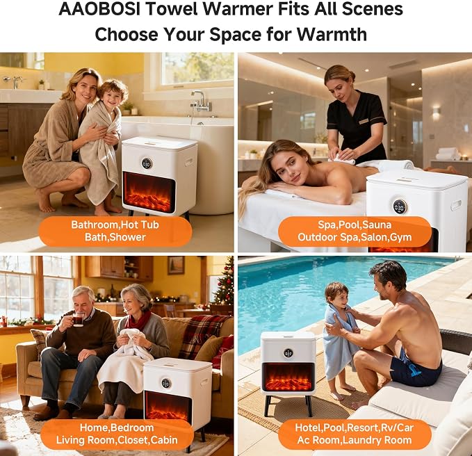 AAOBOSI Towel Warmers for Bathroom, 22L Large Heated Towel Warmer Bucket for Clothes, Robe, Dynamic Flame Effect, 30-120 Min Timer, Child Safety Lock, Gifts for Wife, mom