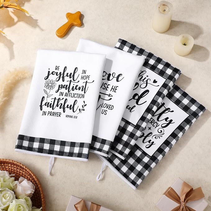Hahafelt 8 Pcs Bible Verse Kitchen Towels Religious Christian Mother's Day Kitchen Gifts Black and White Check Dish Tea Towels Scripture Dishcloths for Women Men Bathroom Home Housewarming