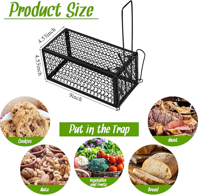 Qualirey 2 Pcs Humane Rat Trap Chipmunk Rodent Mouse Squirrel Trap 9.1 x 4.5 x 4.5 Inches Live Animal Mouse Voles Hamsters Live Cage Rat Cage for Mice Easy to Catch and Release (Black)