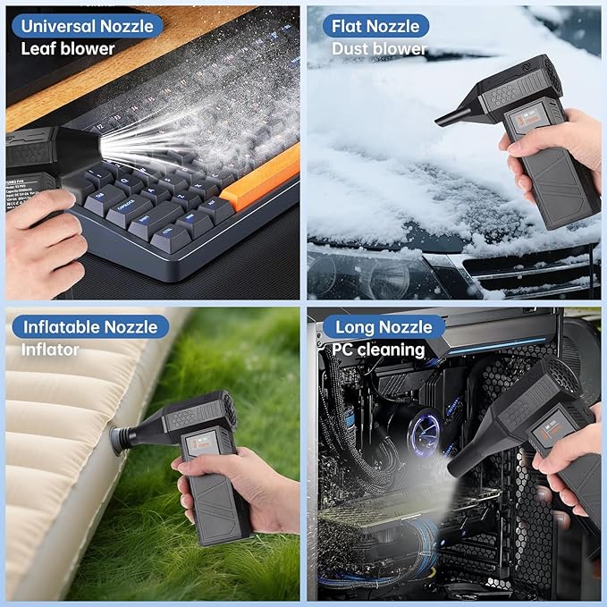 for PC & Car Cleaning: Electric Compressed Air Duster, Cordless Air Blower with Smart Display - 70m/s Wind (≈180,000 RPM) & 330g Thrust, Turbo Fan, Phone Charger, 4 Nozzles for Keyboard