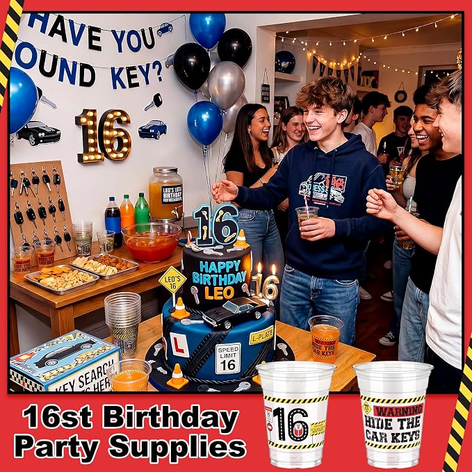 Jingmore 50 Pcs Birthday Plastic Cups 12 oz Birthday Disposable Plastic Cups Thick Clear Drinkware for Men Women Celebrate Party Supplies(16th)