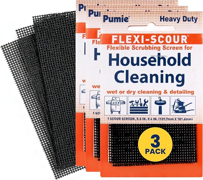 PUMIE Flexi-Scour (3 Pack) - Flexible Scrubbing Screen - Heavy Duty Scouring Pad - Abrasive Grit Cleaning Screen for Toilet Bowls, Grills, Removes Carbon, Rust, Scale, Grime - 5.5x4 in, Flex-3 C