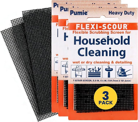 PUMIE Flexi-Scour (3 Pack) - Flexible Scrubbing Screen - Heavy Duty Scouring Pad - Abrasive Grit Cleaning Screen for Toilet Bowls, Grills, Removes Carbon, Rust, Scale, Grime - 5.5x4 in, Flex-3 C