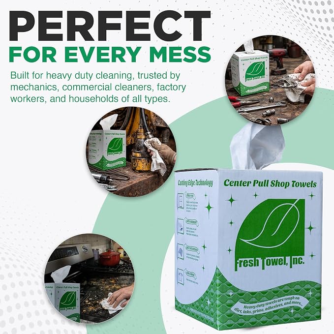 Fresh Towel Ultra Strong Center Pull Shop Towels - (1 Box of 300) Disposable Cleaning Towels - White, 9 x 12 inches - FT500