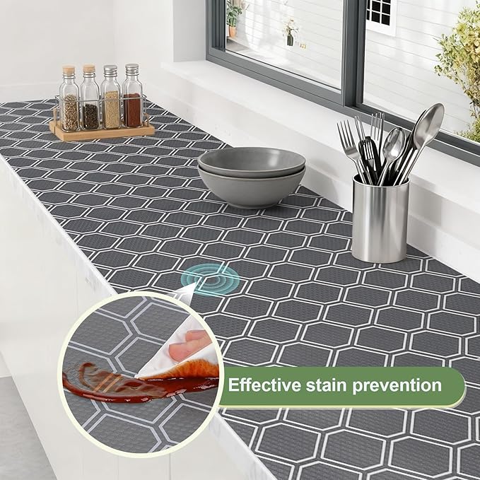 Non Adhesive Fridge Shelf Liner, Waterproof Drawer Liners for Kitchen Cabinet Refrigerator, No Slip Bathroom Cupboard Liner EVA Place Mat Roll -17.5" x 118" Grey