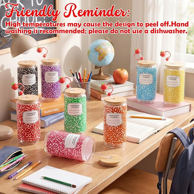 Sliner 8 Pcs Teacher Glass Cups Back to School Gifts Tumbler with Lid Straw and Apple Straw Tips 16 oz Composition Notebook Iced Coffee Drinking Glasses Reusable Party Supplies