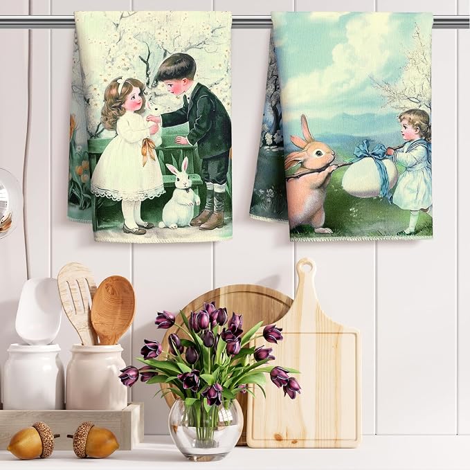 Bencailor 16 Pcs Vintage Kitchen Towels Bulk Bunny Dish Hand Towels Ultrafine Fiber Absorbent Vintage Rustic Tea Cloths for Spring Kitchen Bathroom Decor Gifts, 16 x 24 Inch