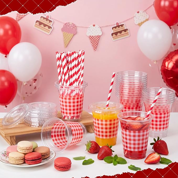 Domensi 25 Sets Red and White Gingham Plastic Cups with Lids and Paper Straws 12oz Checkered Party Disposable Cups Bulk Drinking Cup for Cold Drinks Baby Shower Wedding Birthday Summer Party Supplies