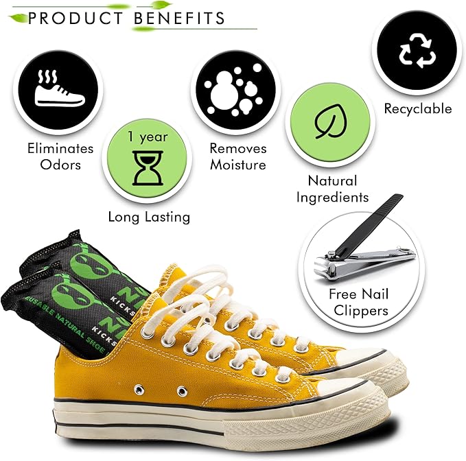 Earth Ninja Home & Shoe Freshness Bundle – Fridge Ninja (2 Pack) + Charcoal Shoe Deodorizer Inserts (4 Pack with Nail Clippers) – Natural Activated Charcoal Odor Eliminators for Fridge, Shoes, Gym Bag