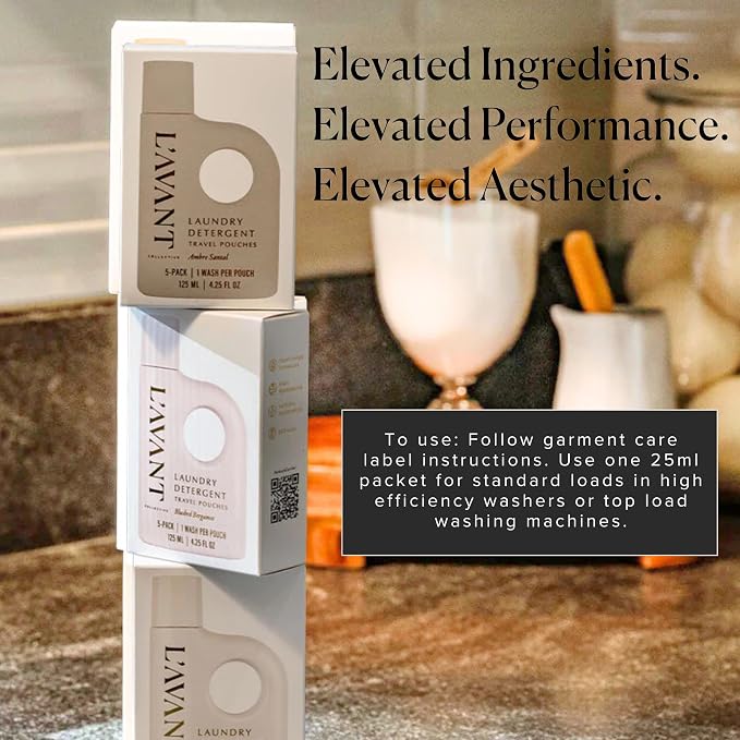 L'AVANT Collective Luxury Travel Laundry Detergent | Blushed Bergamot | Non-Toxic Concentrated Liquid Laundry Soap Packets | Plant-Based, HE Compatible, Travel Size, Gym, Camping & Rentals | Set of 5
