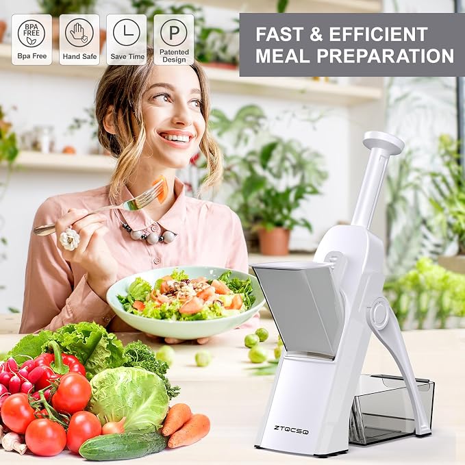 Safe Mandoline Slicer for Kitchen, Meal Prep, Potato Slicer, Adjustable/Easy to Clean/Storage, Kitchen Chopping Artifact, French Fry Cutter, Paring Knife/Cleaning Brush (only Slice, White)