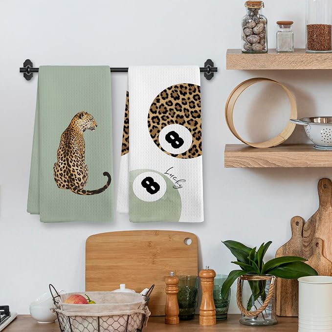Trendy Leopard Cheetah Print Poker Lucky 8 Ball Bathroom Decor, Preppy Funky Sage Green Decor Dish Hand Towels for Bathroom Kitchen Sets of 2, Cheetah Kitchen Towels and Dishcloths, 16x24inch