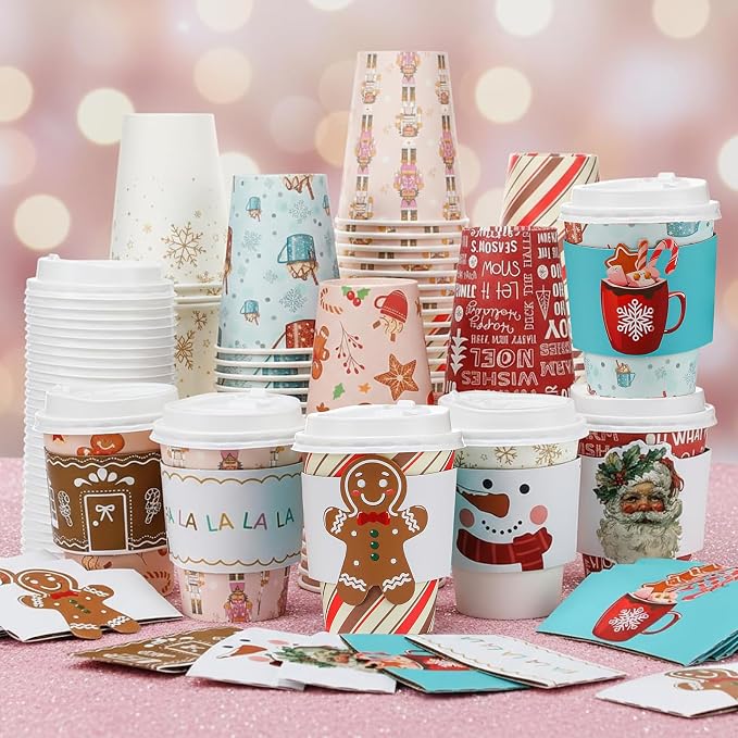 Gueevin 72 Set/ 216 Pcs Christmas Paper Cups Disposable 12 oz Christmas Coffee Cups with Lids and Sleeves Xmas Winter Party Supplies for Hot Chocolate Cocoa Cold Drinks Water Supplies(Novelty)