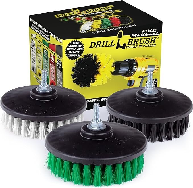 Drillbrush Construction Tools - Soft, Medium, Ultra Stiff - 3 Scrub Brush Kit - Threaded 5/16 x 24 - Fits Electric - Cordless - Air Pneumatic - Dual Action Orbital Polisher Machine - Rotary - Buffer