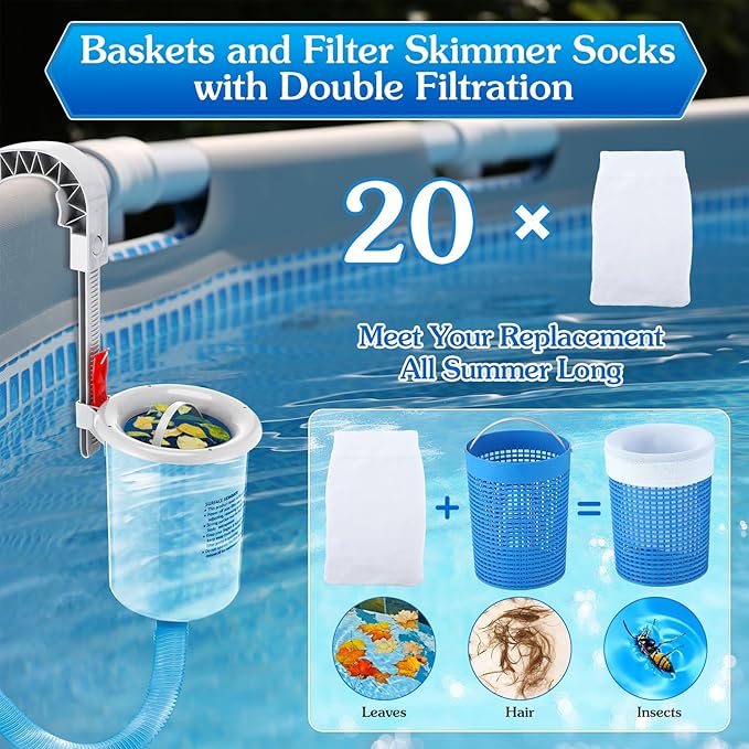 Enhon Above Ground Pool Skimmer with 20 Pcs Wall Mount Surface Skimmer Socks, Automatically Cleans Pool Skimmer Accessories with Hose Basket Net, Adjustable Floating Pool Filter for Removes Debris