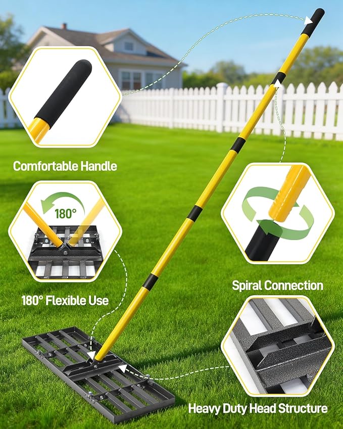 Joyhalo Lawn Leveling Rake, 30 Inch Yard Lawn Leveling for Soil with 78" Adjustable Steel Handle, Heavy Duty Effort Saving Landscape Lawn Leveler for Yard Garden Golf Course Soil Sand Dirt Grass