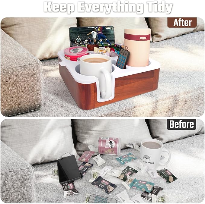 Couch Cup Holder Tray, Real Acacia Wooden Caddy with Soft Silicone, Snack and Drink Organizer- Perfect Movie Night Accessories for Bed, Remote and Cup Holders for Sofa (White)