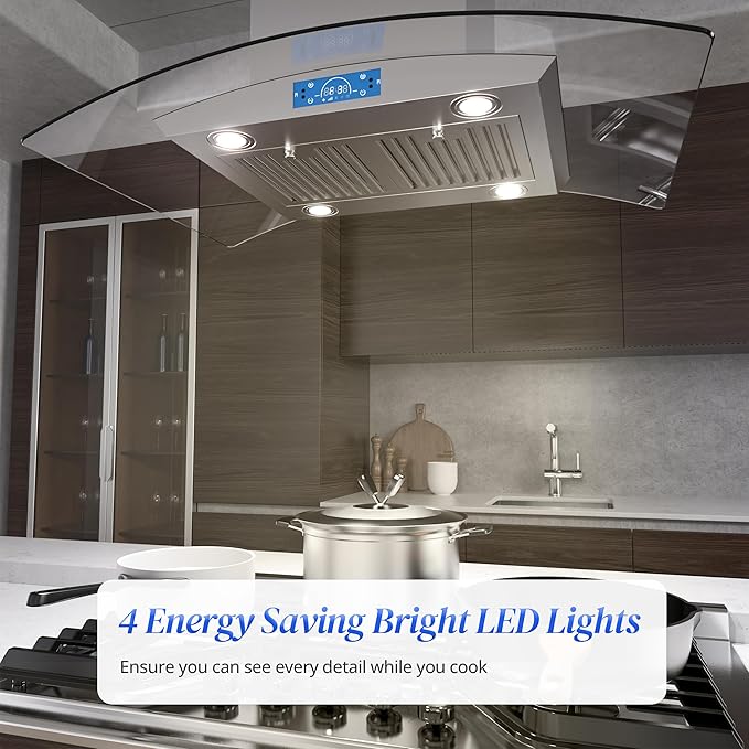 FIREGAS Island Range Hood 36 inch 700 CFM, Island Mount Kitchen Vent Hood with Tempered Glass, 4 LED Lights, 3 Speed Fan,Touch Control,Permanent Filter,Charcoal Filter, Stainless Steel,Ceiling Mount