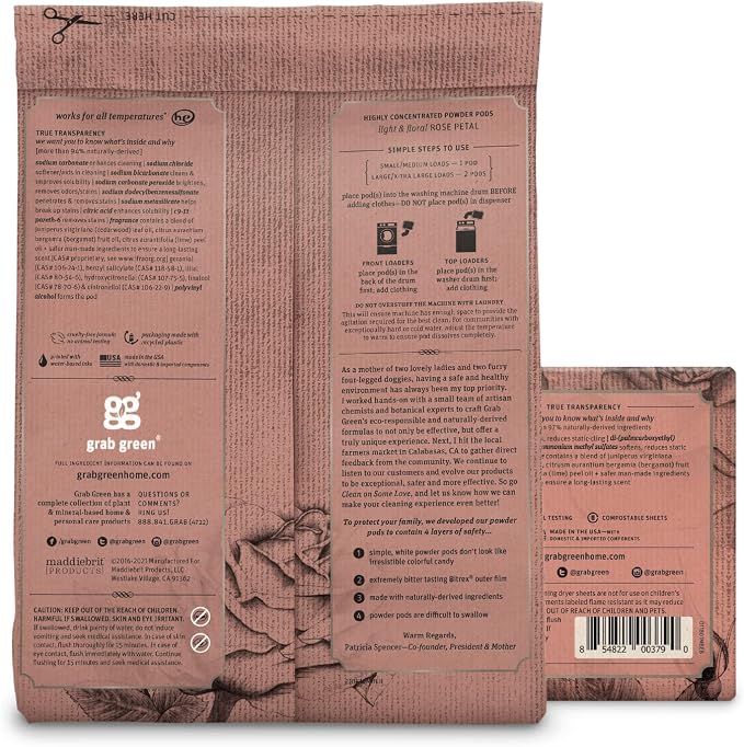 Grab Green Stoneworks Laundry Bundle, 50 Detergent Pods and 80 Dryer Sheets | Rose Petal Scent; Plant & Mineral-Based; Sustainable Dryer Sheets; No Harsh Chemicals; Fights Stains; Eliminates Odors