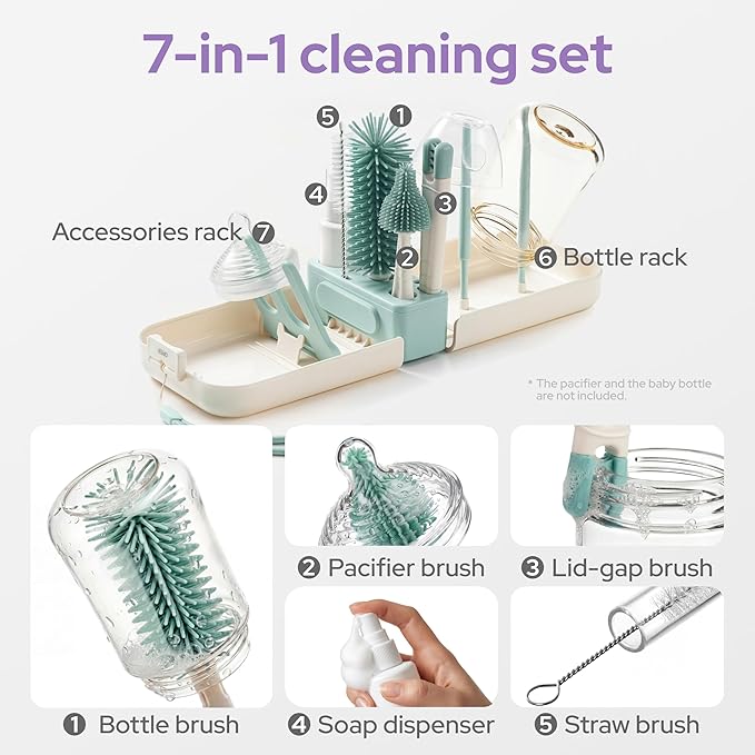 Lalalark Bottle Brush Kit, 7-in-1 Foldable Baby Bottle Drying Rack & Cleaning Set for Home and Travel, Perfect Essentials Gift for Mom After Birth, Cyan