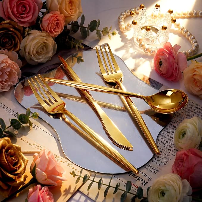 Supernal 180 Pcs Gold Plastic Silverware Set: Heavy Duty Disposable Cutlery for 60 Guests (60 Forks, 60 Spoons, 60 Knives) - Elegant Bulk Plastic Utensils for Weddings, Birthdays, and Party