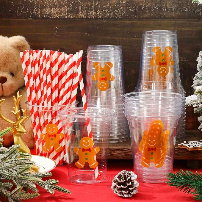Whaline 50 Pcs Christmas Disposable Plastic Cups with Lids and Straws 12 oz Party Cups Gingerbread Man Cold Beverage Drinking Cups for Xmas Holiday Party Supplies