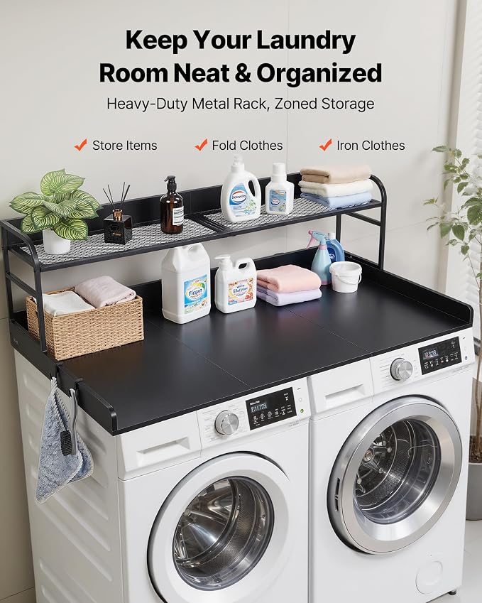 VEVOR Washer Dryer Countertop with Shelf, 54 x 27 in Wooden Washer and Dryer Topper with Shelf and 2 Hooks, Laundry Machine Topper for Laundry Closet Pantry Counter Organization and Storage, Black