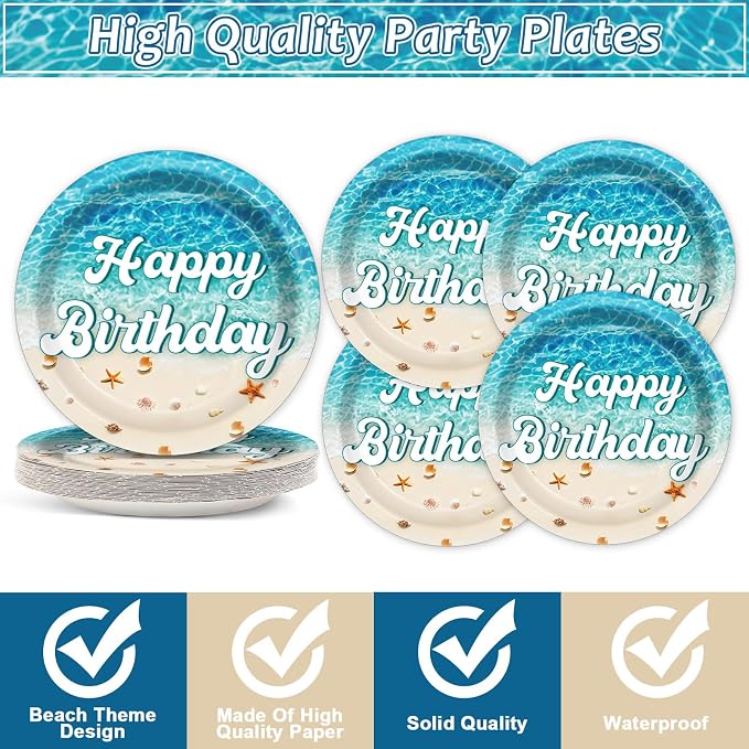 CHUNNIN 96Pcs Beach Happy Birthday Plates and Napkins Ocean Waves Ocean Seashell Party Decorations Beach Themed Party Dessert Plates Summer Pool Tableware for 24 Guests Hawaiian Supplies