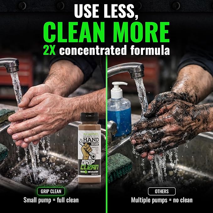 Grip Clean Heavy-Duty Hand Cleaner for Mechanics with Nail Brush - Moisturizing Coconut Oil Hand Cleaner Liquid Hand Soap with Stiff Bristle Nail Brush, Lime Scent – 8 Fl Oz Squeeze Bottle + Brush