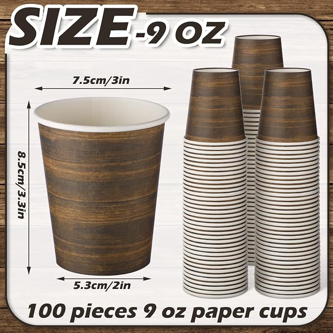 Funtery 100 Pcs Paper Drinking Cups, 9 oz Party Favor Supplies Decorations Disposable Drinking Cups for Western Theme Birthday Party Drinks Holidays Dinner(Retro Wood Grain)