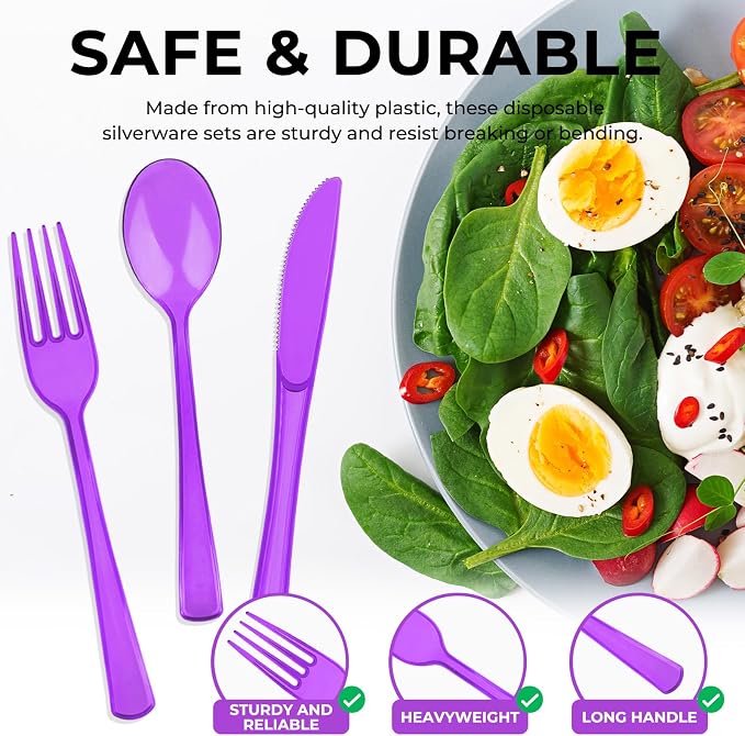 150 PCS Plastic Silverware Disposable Silverware Heavy Duty Utensil Sets 50 Of Each Forks Knives & Spoons Disposable Cutlery Set For Easter,Birthday,Baby Shower,Garden Party,Wedding(150,Purple)