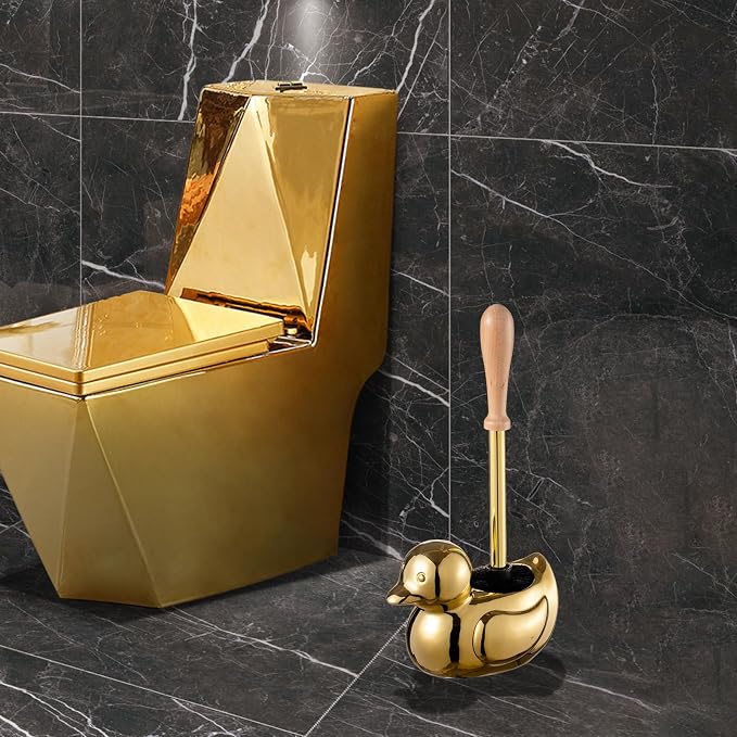 Gold Duck Toilet Brush and Holder Set,Non-Slip Handle Toilet Bowl Brush with Wooden & Stainless SteelHandle, Practical Bathroom Accessories Cleaning Tools Set，1 pcs