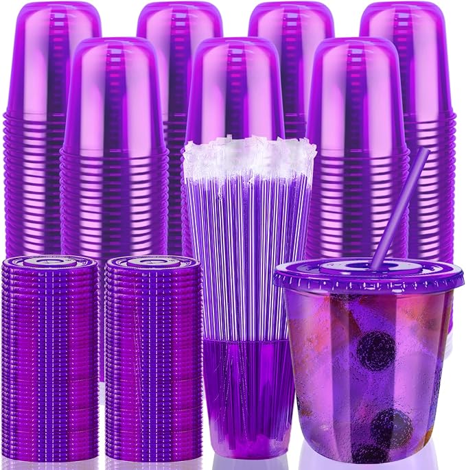 12oz Disposable Stemless Glasses with Flat Lids and Straws,PET Disposable Drinking Cups,Clear Plastic Wine Glasses for Parties Birthday,Wedding,Meeting,Christmas Party Supplies. (100, Purple)
